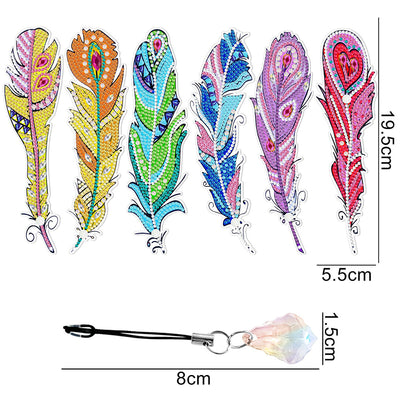 6Pcs Gorgeously Colored Feathers Acrylic Bookmark Diamond Painting Kits