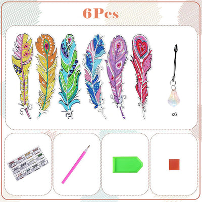 6Pcs Gorgeously Colored Feathers Acrylic Bookmark Diamond Painting Kits