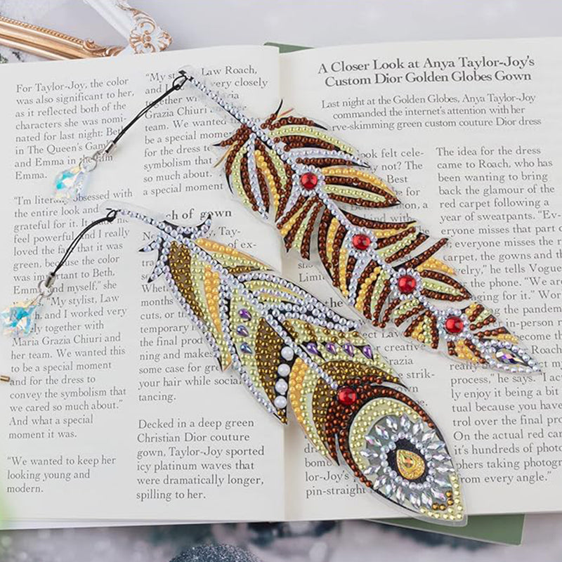 6Pcs Autumn Feathers Acrylic Bookmark Diamond Painting Kits