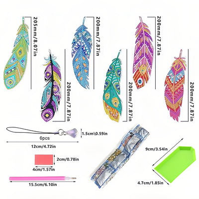 6Pcs Attractive Feathers Acrylic Bookmark Diamond Painting Kits