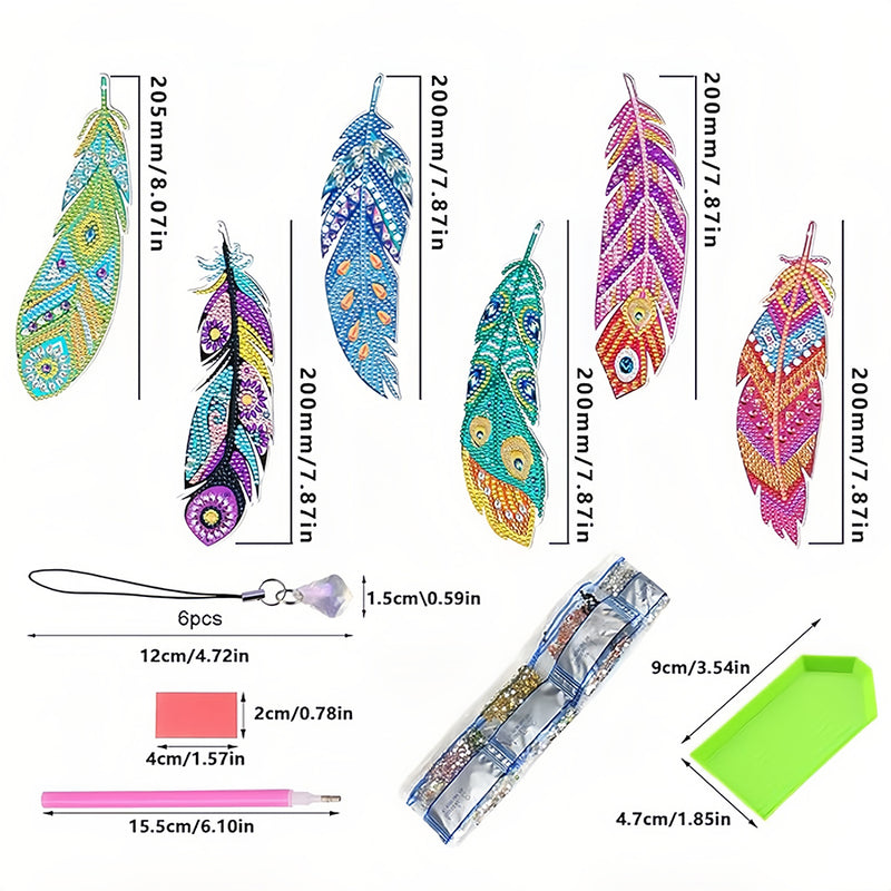 6Pcs Attractive Feathers Acrylic Bookmark Diamond Painting Kits