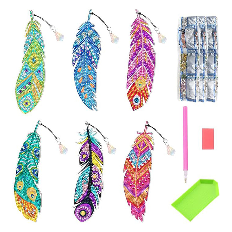 6Pcs Attractive Feathers Acrylic Bookmark Diamond Painting Kits