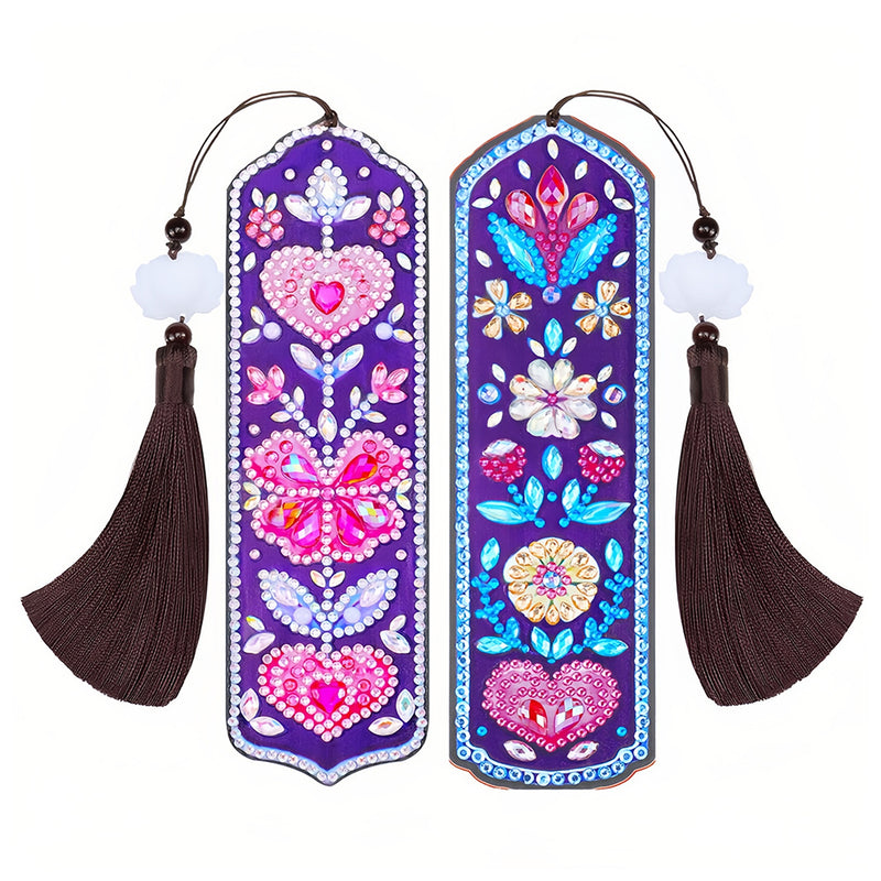 2Pcs Flowers and Pink Heart Leather Bookmark Diamond Painting Kits