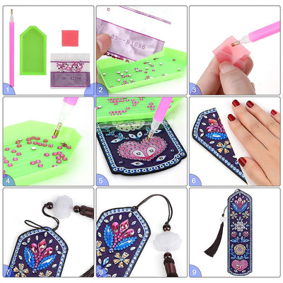 2Pcs Flowers and Pink Heart Leather Bookmark Diamond Painting Kits