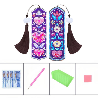 2Pcs Flowers and Pink Heart Leather Bookmark Diamond Painting Kits