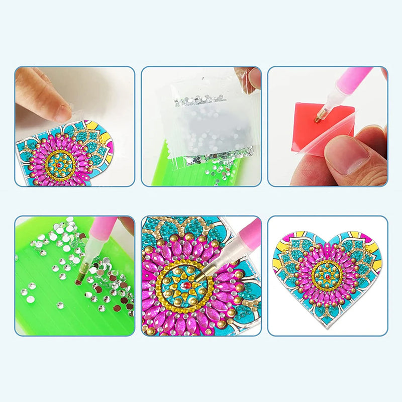 6Pcs Heart Shaped Mandala PU Corner Cover Bookmark Diamond Painting Kits