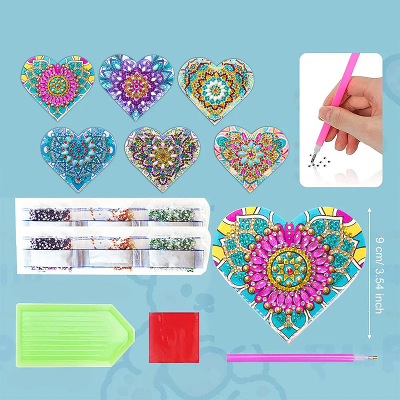 6Pcs Heart Shaped Mandala PU Corner Cover Bookmark Diamond Painting Kits