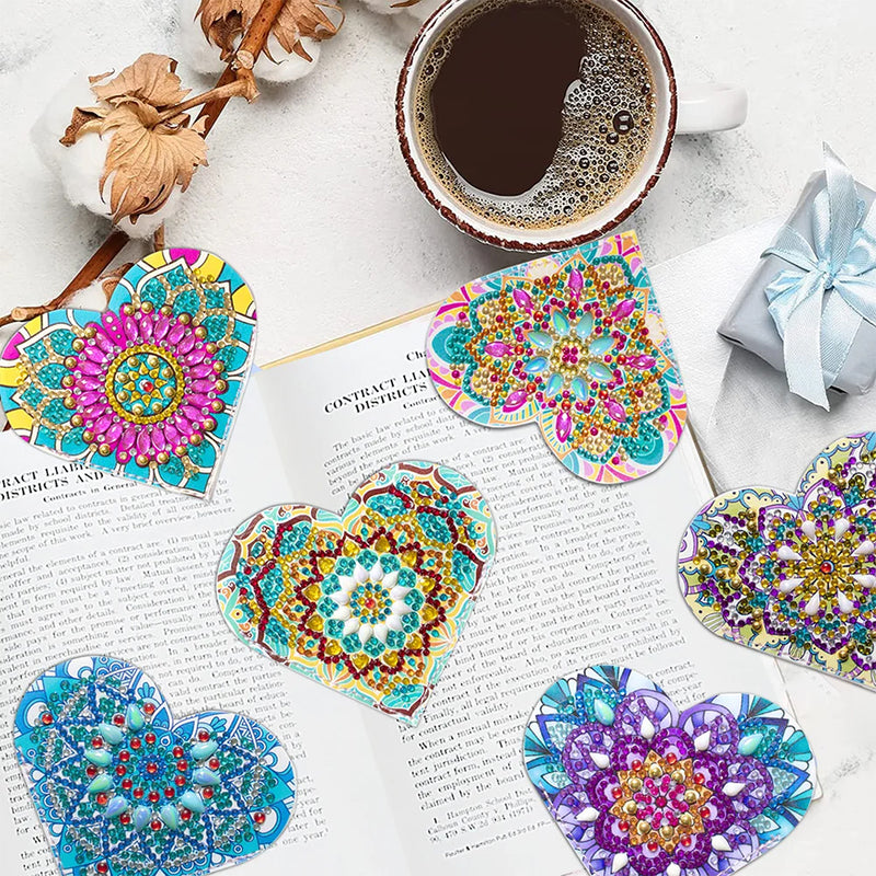 6Pcs Heart Shaped Mandala PU Corner Cover Bookmark Diamond Painting Kits