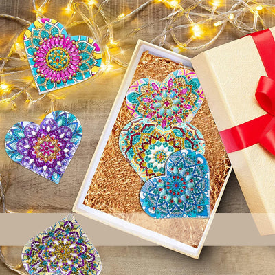 6Pcs Heart Shaped Mandala PU Corner Cover Bookmark Diamond Painting Kits