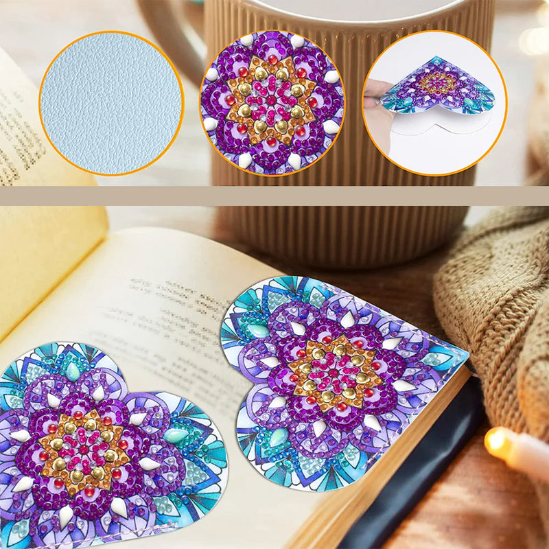 6Pcs Heart Shaped Mandala PU Corner Cover Bookmark Diamond Painting Kits