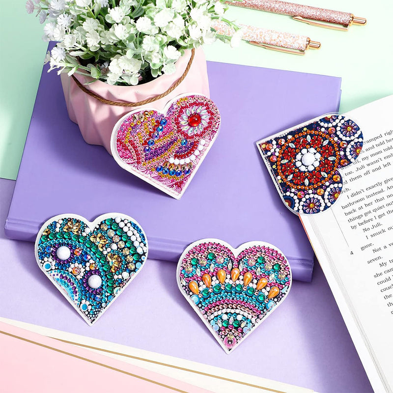 4Pcs Shining Heart Shaped Mandala PU Corner Cover Bookmark Diamond Painting Kits