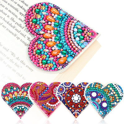 4Pcs Shining Heart Shaped Mandala PU Corner Cover Bookmark Diamond Painting Kits