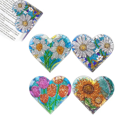 4Pcs Heart Shaped Flower PU Corner Cover Bookmark Diamond Painting Kits