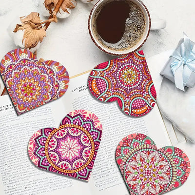 6Pcs Red Heart Shaped Mandala PU Corner Cover Bookmark Diamond Painting Kits