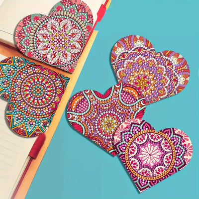 6Pcs Red Heart Shaped Mandala PU Corner Cover Bookmark Diamond Painting Kits