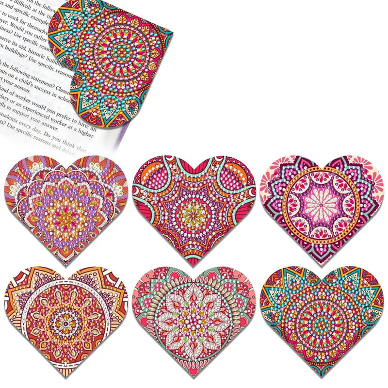 6Pcs Red Heart Shaped Mandala PU Corner Cover Bookmark Diamond Painting Kits