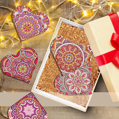 6Pcs Red Heart Shaped Mandala PU Corner Cover Bookmark Diamond Painting Kits