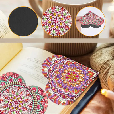 6Pcs Red Heart Shaped Mandala PU Corner Cover Bookmark Diamond Painting Kits