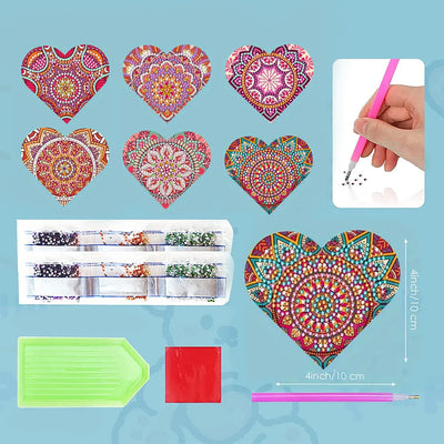 6Pcs Red Heart Shaped Mandala PU Corner Cover Bookmark Diamond Painting Kits