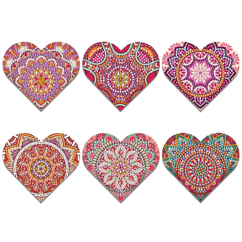 6Pcs Red Heart Shaped Mandala PU Corner Cover Bookmark Diamond Painting Kits