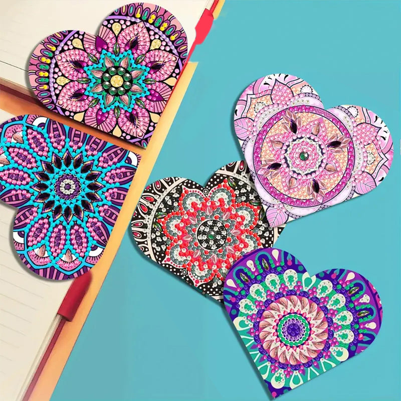 6Pcs Purple Heart Shaped Mandala PU Corner Cover Bookmark Diamond Painting Kits