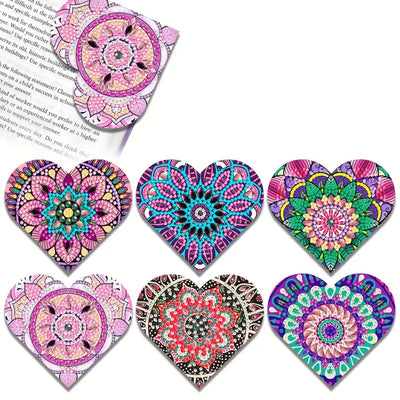 6Pcs Purple Heart Shaped Mandala PU Corner Cover Bookmark Diamond Painting Kits