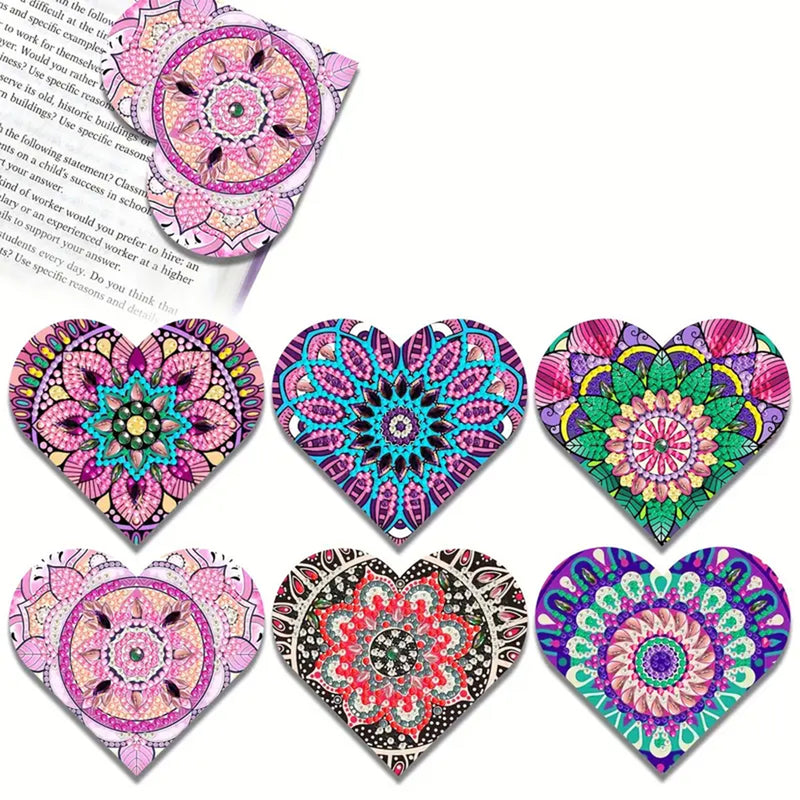 6Pcs Purple Heart Shaped Mandala PU Corner Cover Bookmark Diamond Painting Kits