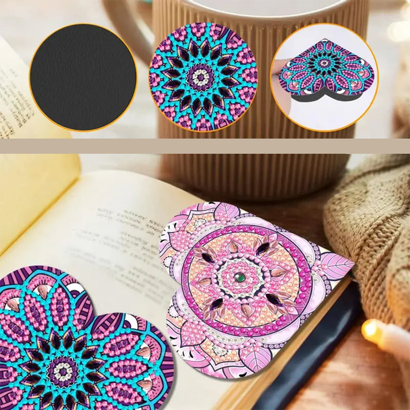 6Pcs Purple Heart Shaped Mandala PU Corner Cover Bookmark Diamond Painting Kits