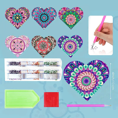 6Pcs Purple Heart Shaped Mandala PU Corner Cover Bookmark Diamond Painting Kits