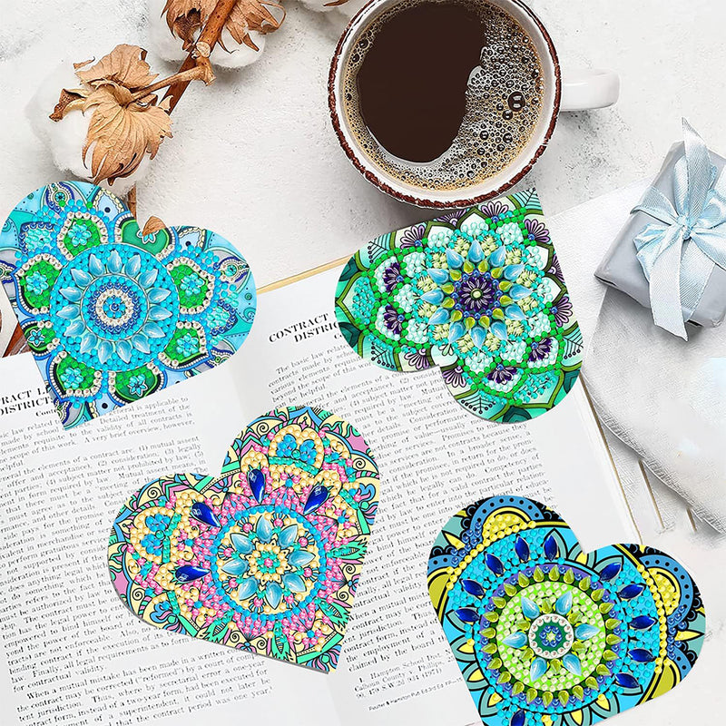 6Pcs Green Heart Shaped Mandala PU Corner Cover Bookmark Diamond Painting Kits