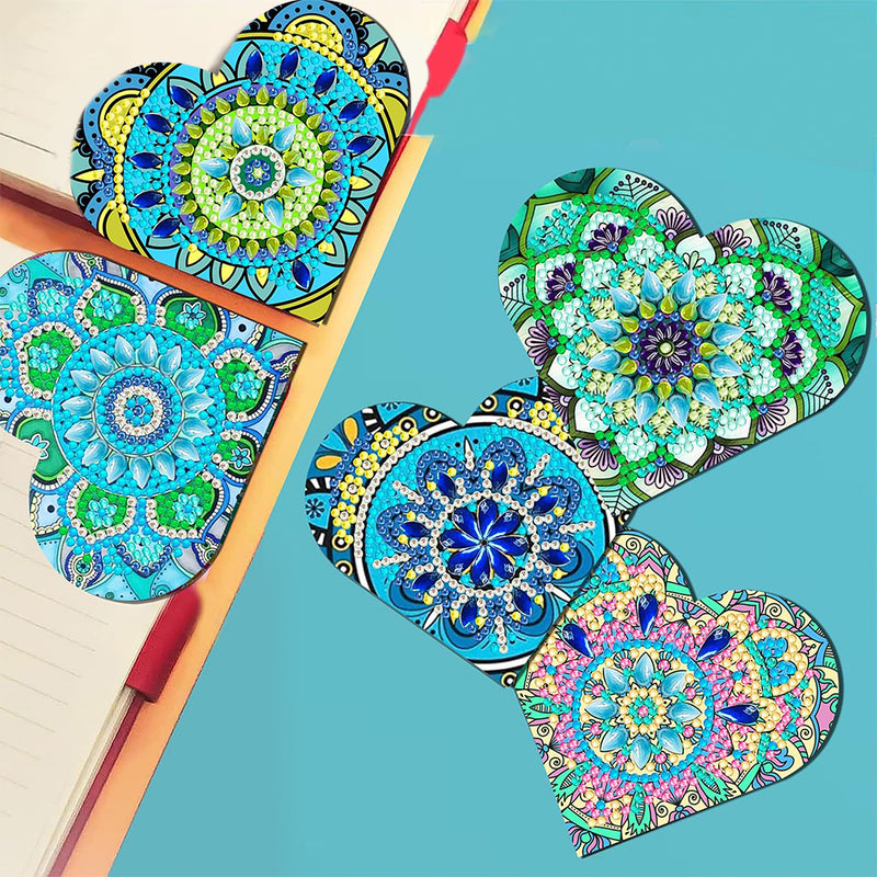 6Pcs Green Heart Shaped Mandala PU Corner Cover Bookmark Diamond Painting Kits