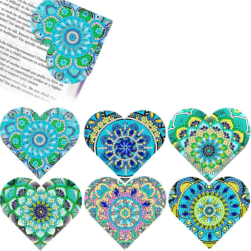 6Pcs Green Heart Shaped Mandala PU Corner Cover Bookmark Diamond Painting Kits