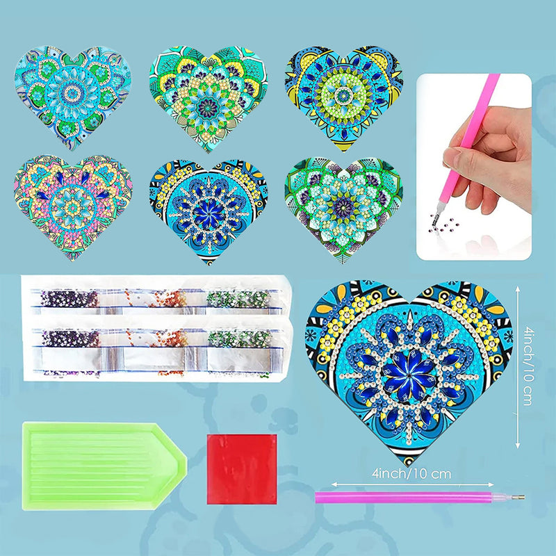 6Pcs Green Heart Shaped Mandala PU Corner Cover Bookmark Diamond Painting Kits