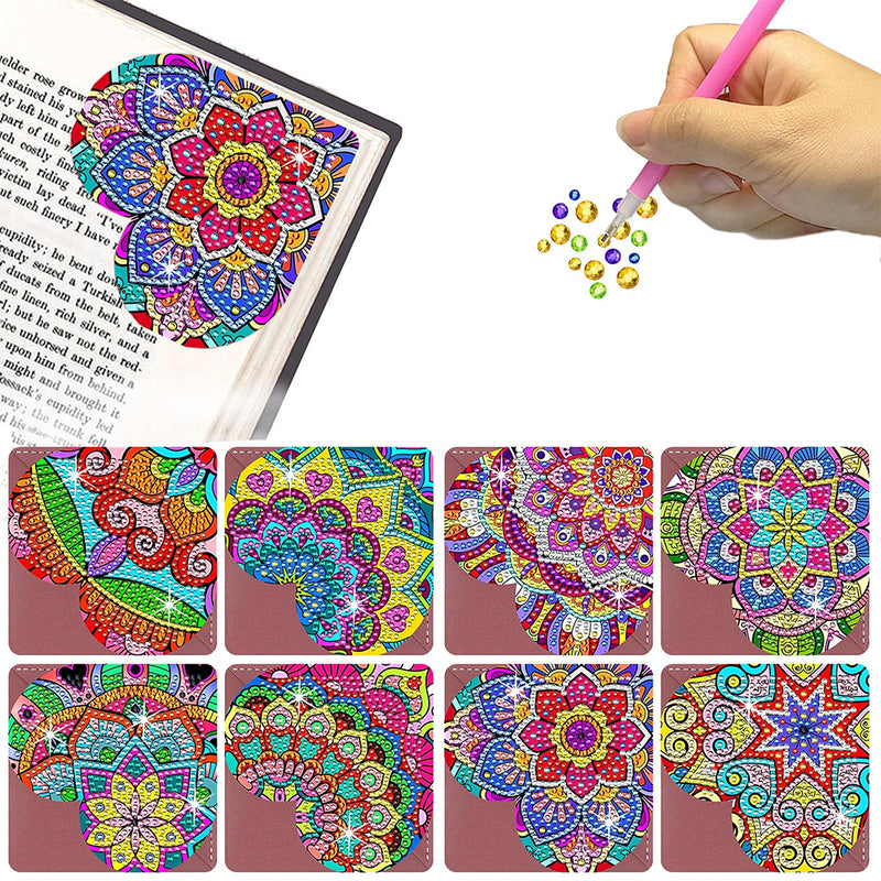 8Pcs Bustling Heart Shaped Mandala PU Corner Cover Bookmark Diamond Painting Kits