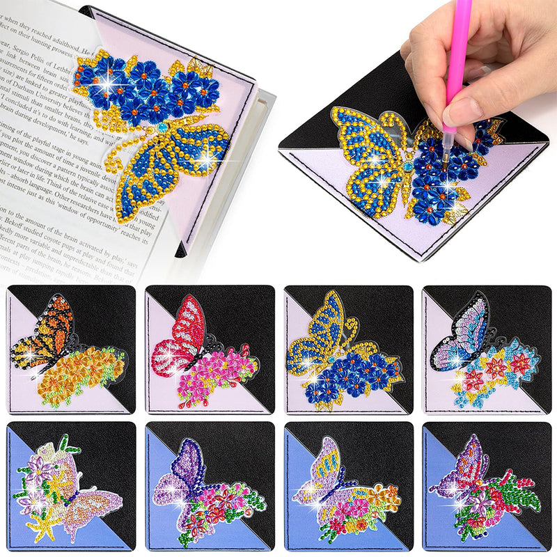 8Pcs Beautiful Butterfly Flower PU Corner Cover Bookmark Diamond Painting Kits