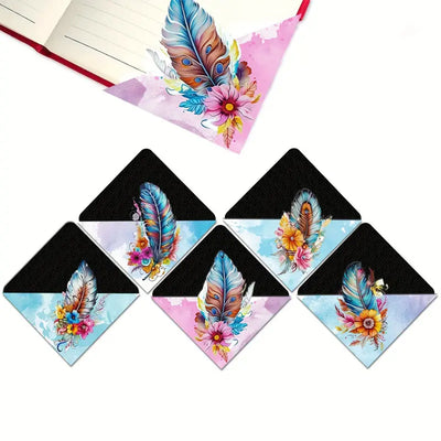 6Pcs Feather and Flower PU Corner Cover Bookmark Diamond Painting Kits