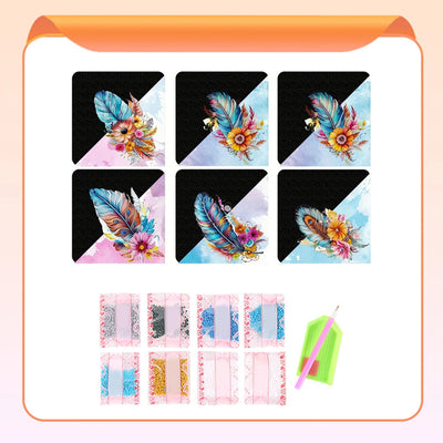 6Pcs Feather and Flower PU Corner Cover Bookmark Diamond Painting Kits