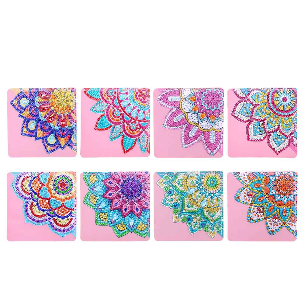 8Pcs Brilliant Mandala Flower PU Corner Cover Bookmark Diamond Painting Kits