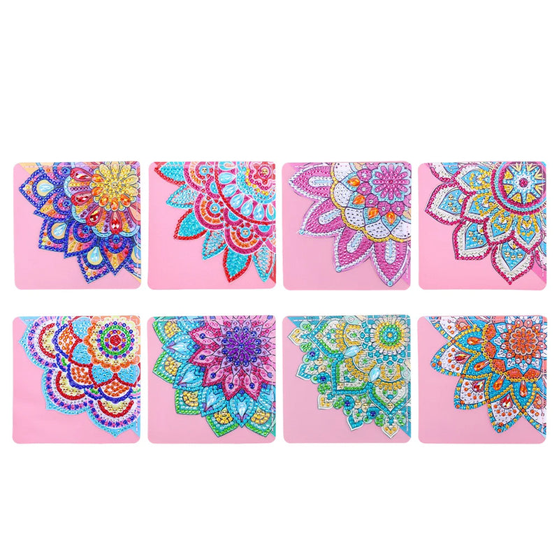 8Pcs Brilliant Mandala Flower PU Corner Cover Bookmark Diamond Painting Kits