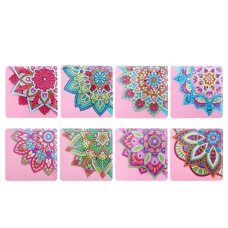 8Pcs Beautiful Mandala Flower PU Corner Cover Bookmark Diamond Painting Kits