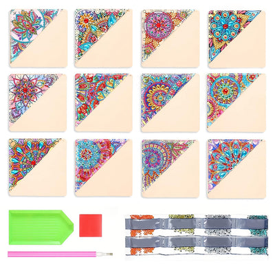 12Pcs Flower Mandala PU Corner Cover Bookmark Diamond Painting Kits