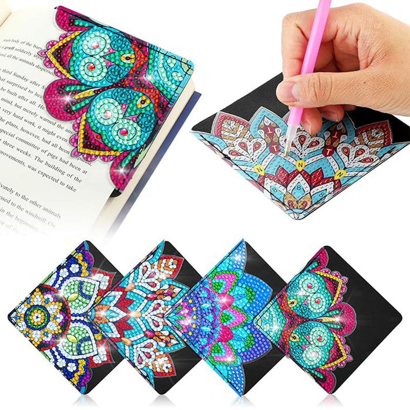 4Pcs Blue Mandala PU Corner Cover Bookmark Diamond Painting Kits