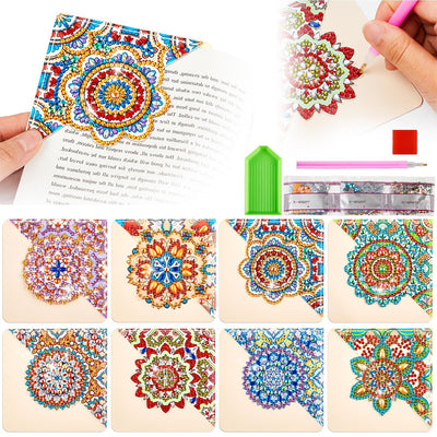 8Pcs Beautiful Mandala PU Corner Cover Bookmark Diamond Painting Kits