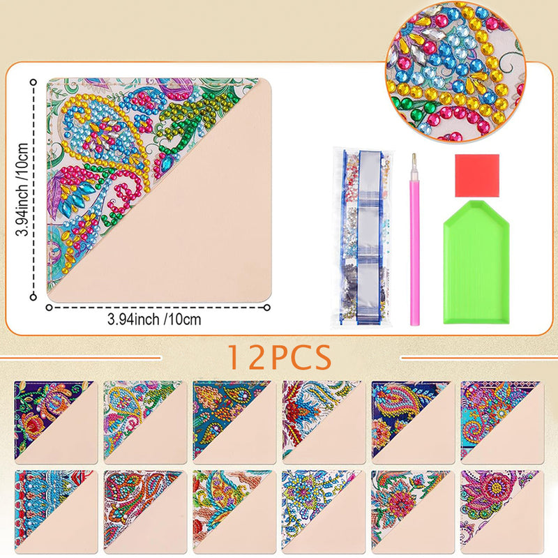 12Pcs Plant Mandala PU Corner Cover Bookmark Diamond Painting Kits