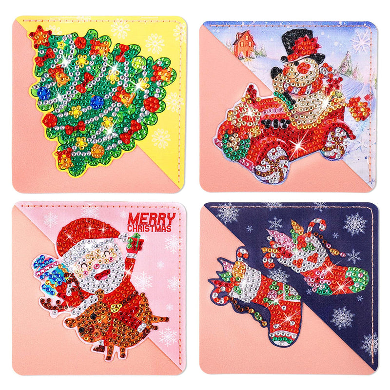 4Pcs Merry Christmas PU Corner Cover Bookmark Diamond Painting Kits