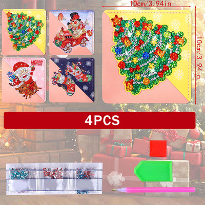 4Pcs Merry Christmas PU Corner Cover Bookmark Diamond Painting Kits