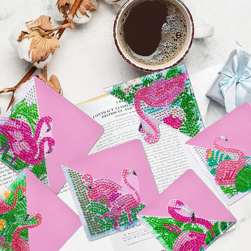 6Pcs Pink Flamingo PU Corner Cover Bookmark Diamond Painting Kits