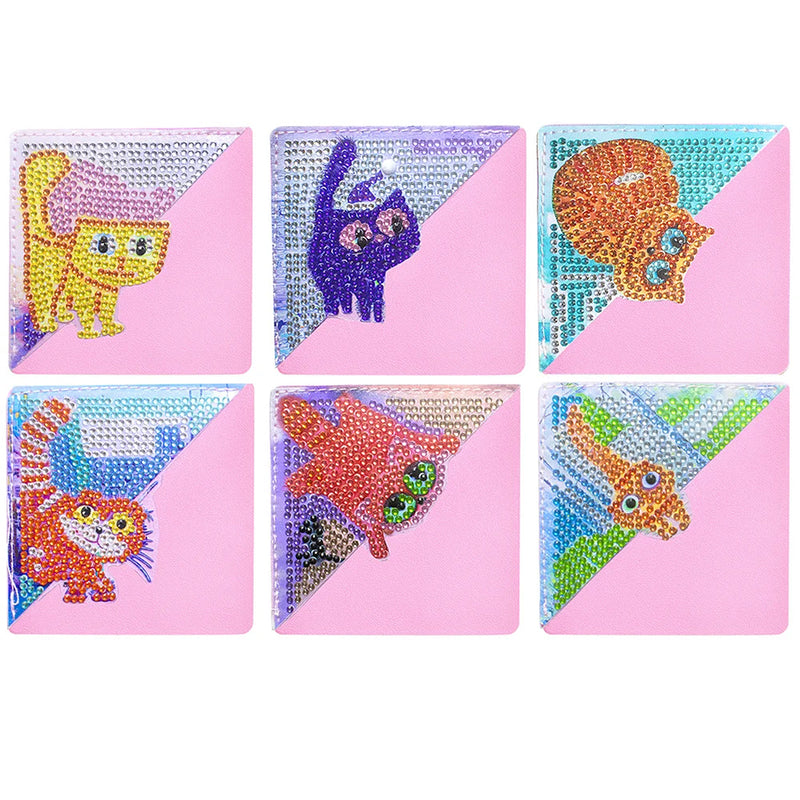 6Pcs Funny Cats PU Corner Cover Bookmark Diamond Painting Kits