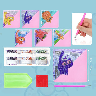 6Pcs Funny Cats PU Corner Cover Bookmark Diamond Painting Kits