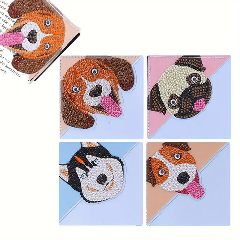 4Pcs Cute Smiling Dog PU Corner Cover Bookmark Diamond Painting Kits